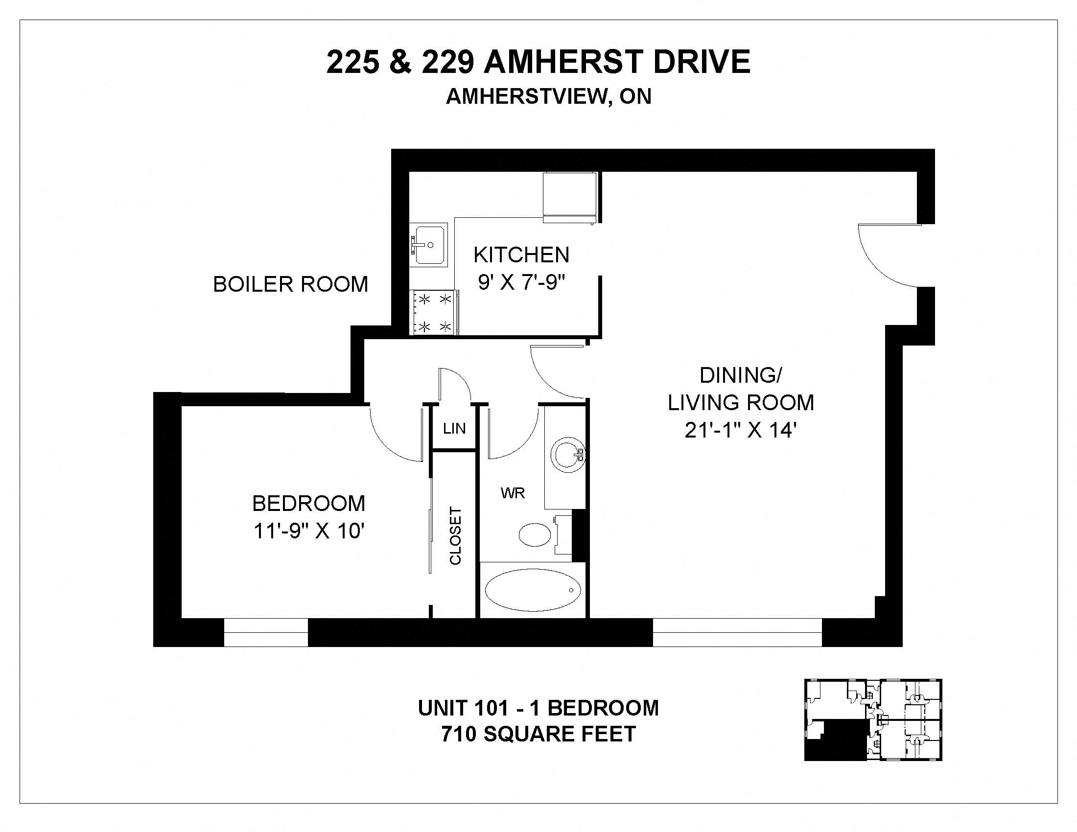 Floor plan for 1 bed, 1 bath, 710 sqft